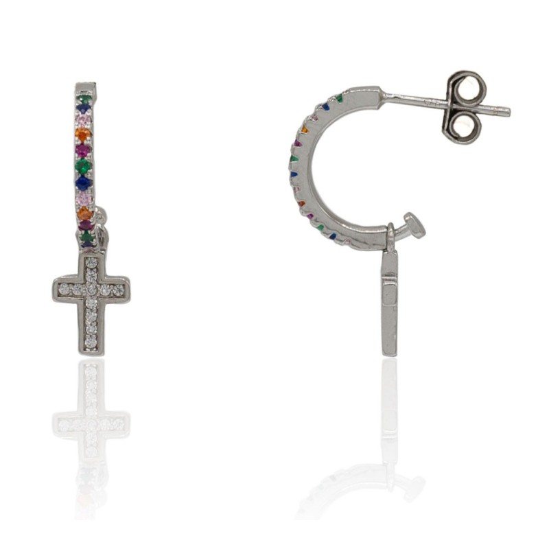 Pendientes medio aro y cruz plata de ley