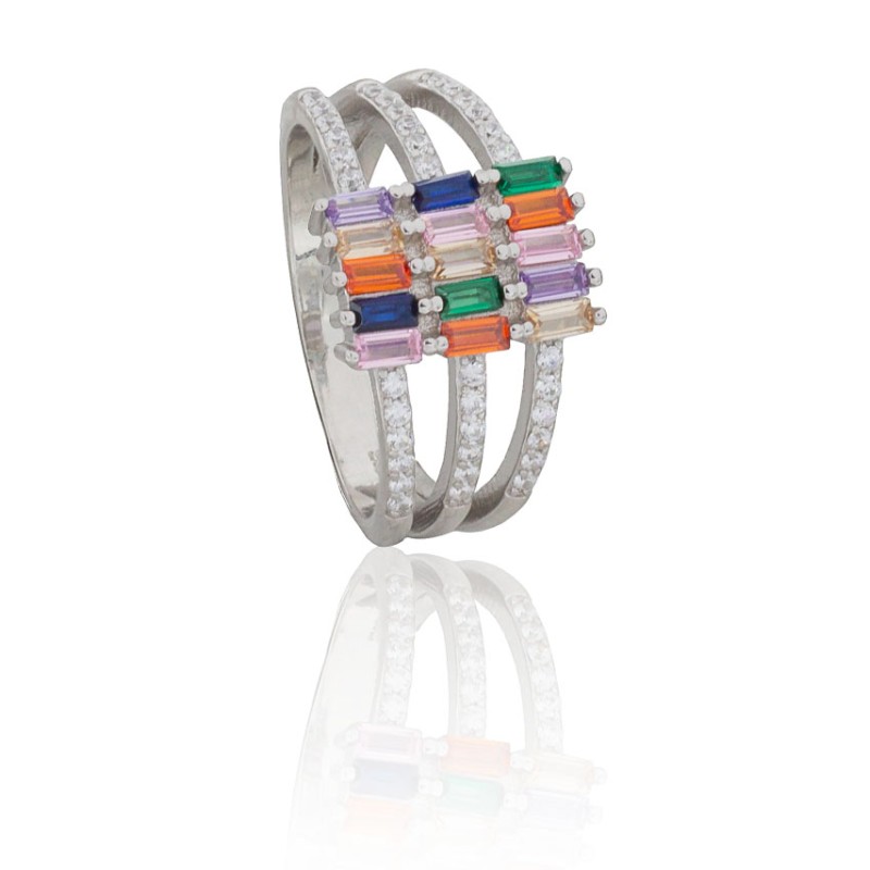 Anillo triple con circonitas y barretas multicolor plata de ley