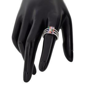 Anillo triple con circonitas y barretas multicolor plata de ley