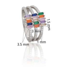 Anillo triple con circonitas y barretas multicolor plata de ley