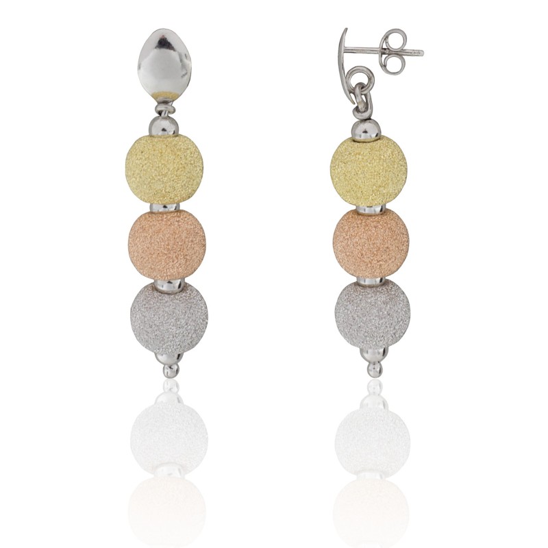 Pendientes largos 3 bolas tricolor plata de ley
