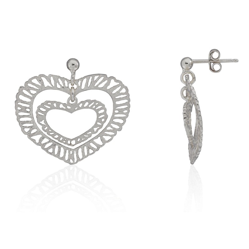 Pendientes de doble corazón en plata de ley