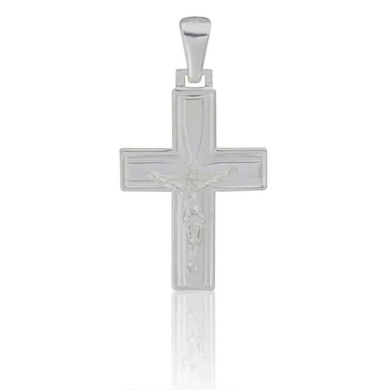 Cruz plana con Cristo en plata de ley