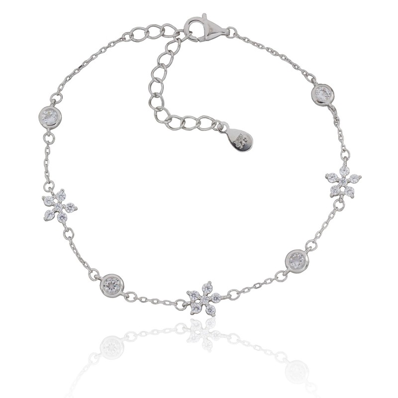Pulsera con chatones y flores en plata de ley