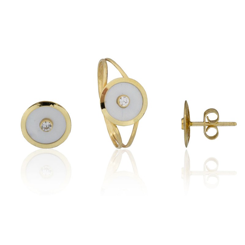 Conjunto de comunión con nácar y circonita en oro 18 quilates